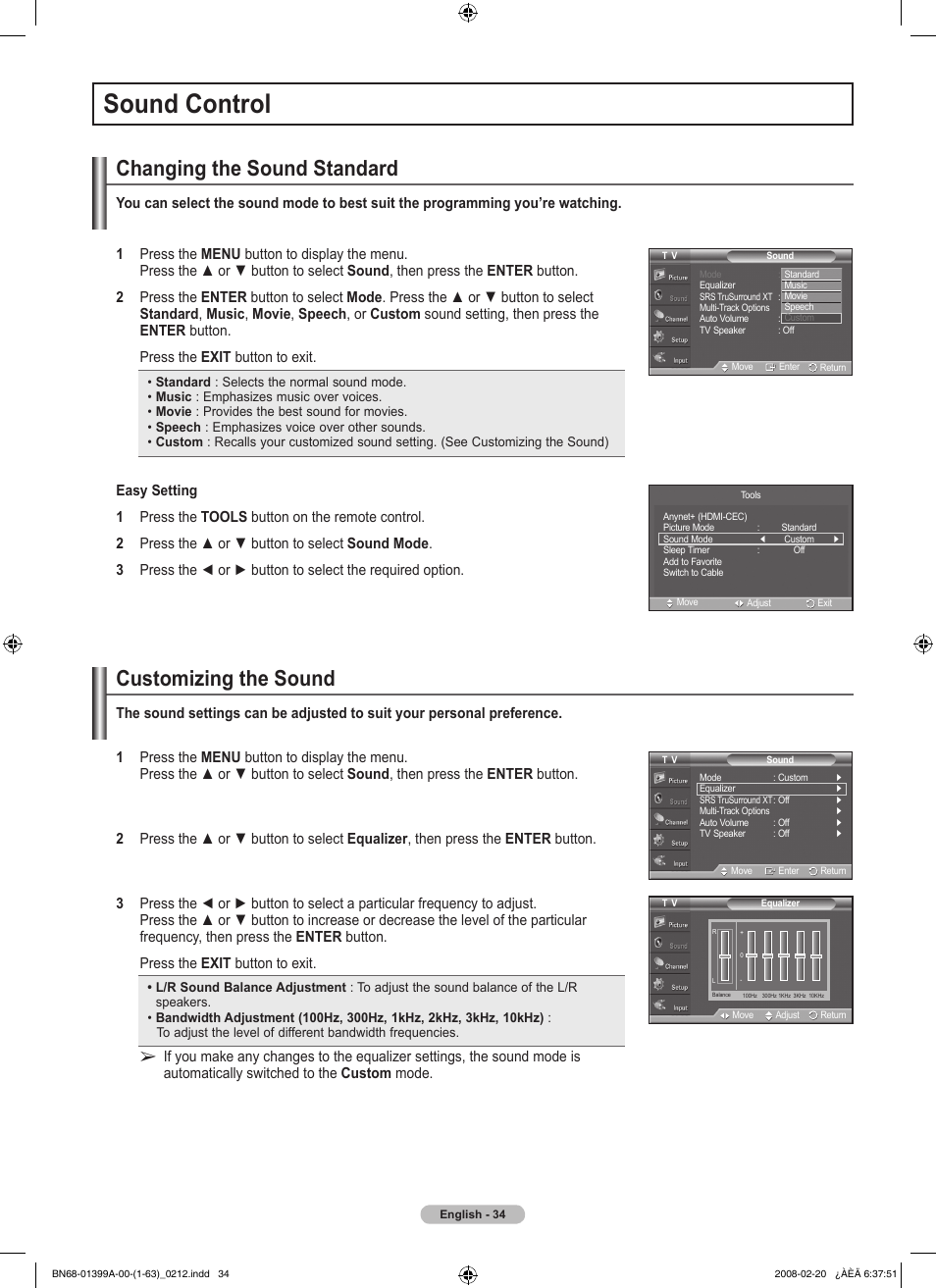 Sound control, Changing the sound standard, Customizing the sound | Samsung PN42A450P1DXZA User Manual | Page 34 / 75