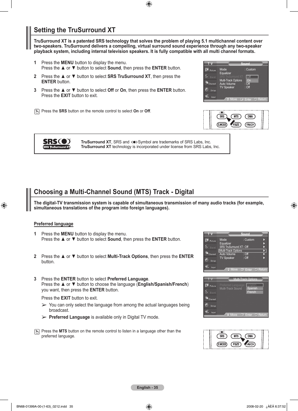 Setting the trusurround xt | Samsung PN42A450P1DXZA User Manual | Page 35 / 75