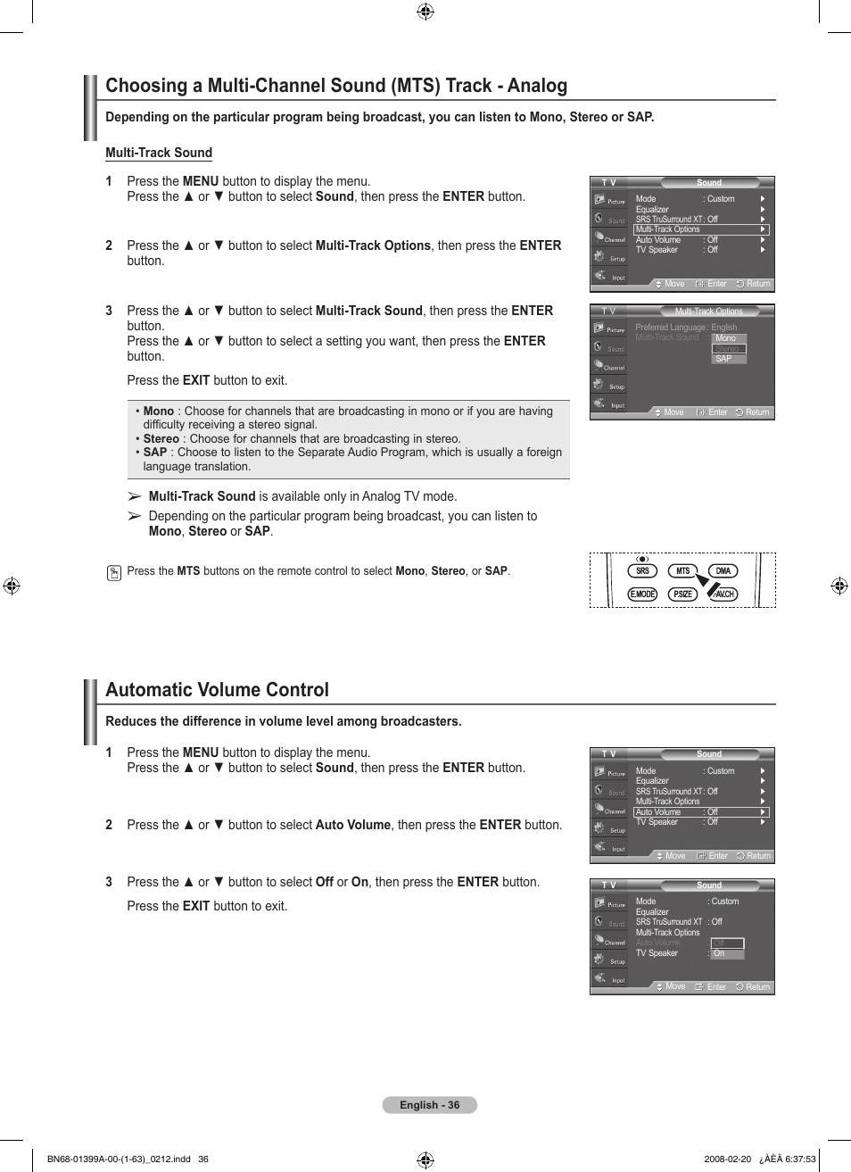 Automatic volume control | Samsung PN42A450P1DXZA User Manual | Page 36 / 75