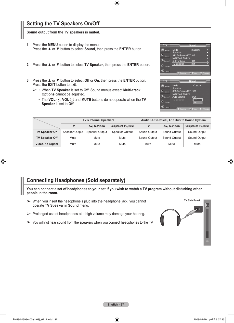 Setting the tv speakers on/off, Connecting headphones (sold separately) | Samsung PN42A450P1DXZA User Manual | Page 37 / 75