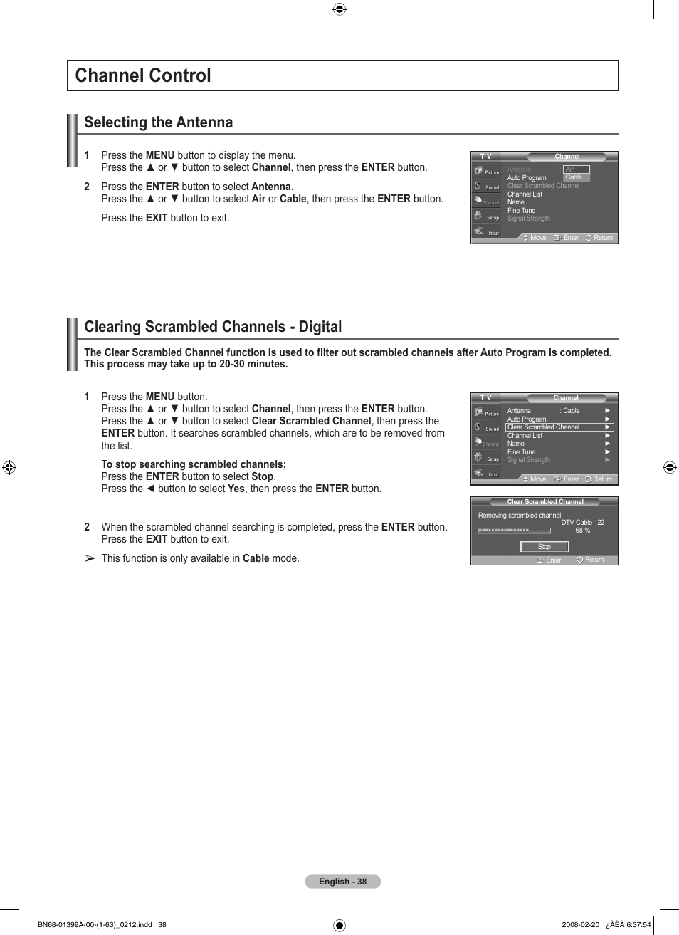 Channel control, Selecting the antenna, Clearing scrambled channels - digital | Samsung PN42A450P1DXZA User Manual | Page 38 / 75