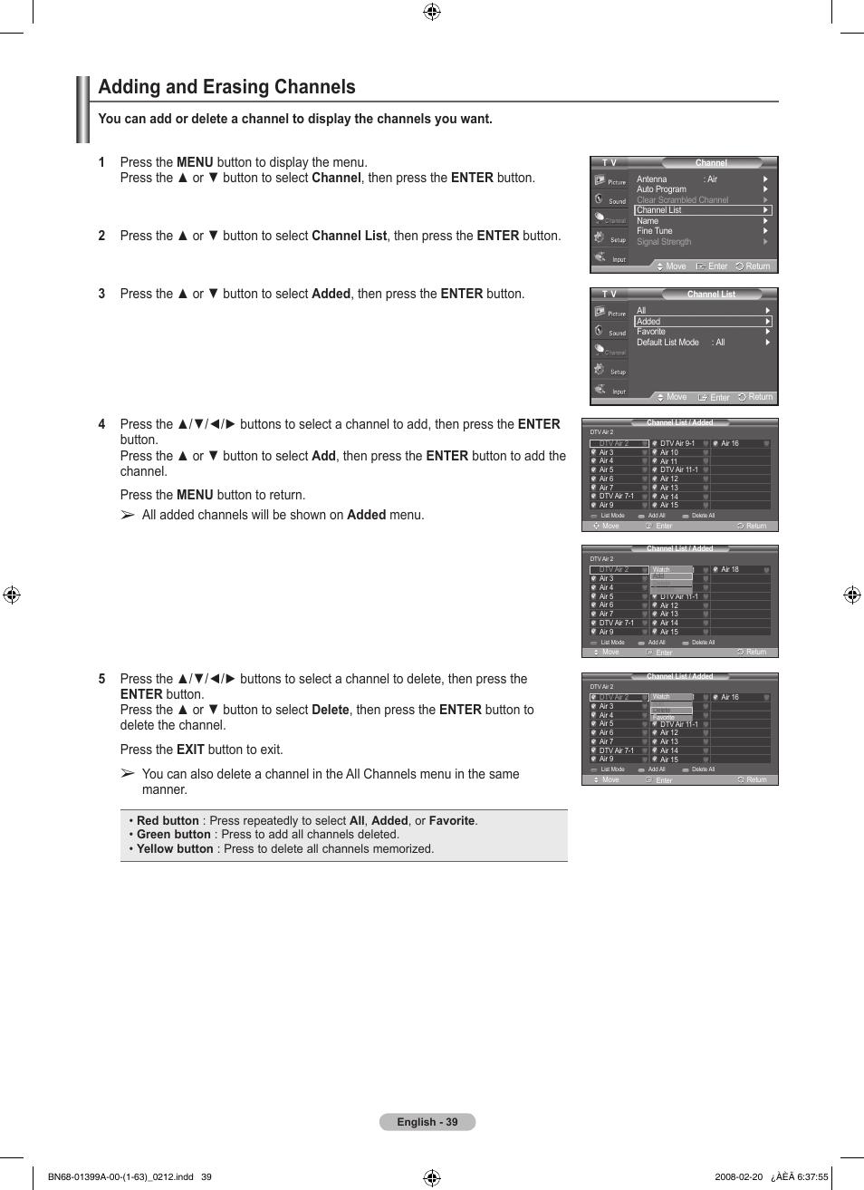 Adding and erasing channels | Samsung PN42A450P1DXZA User Manual | Page 39 / 75