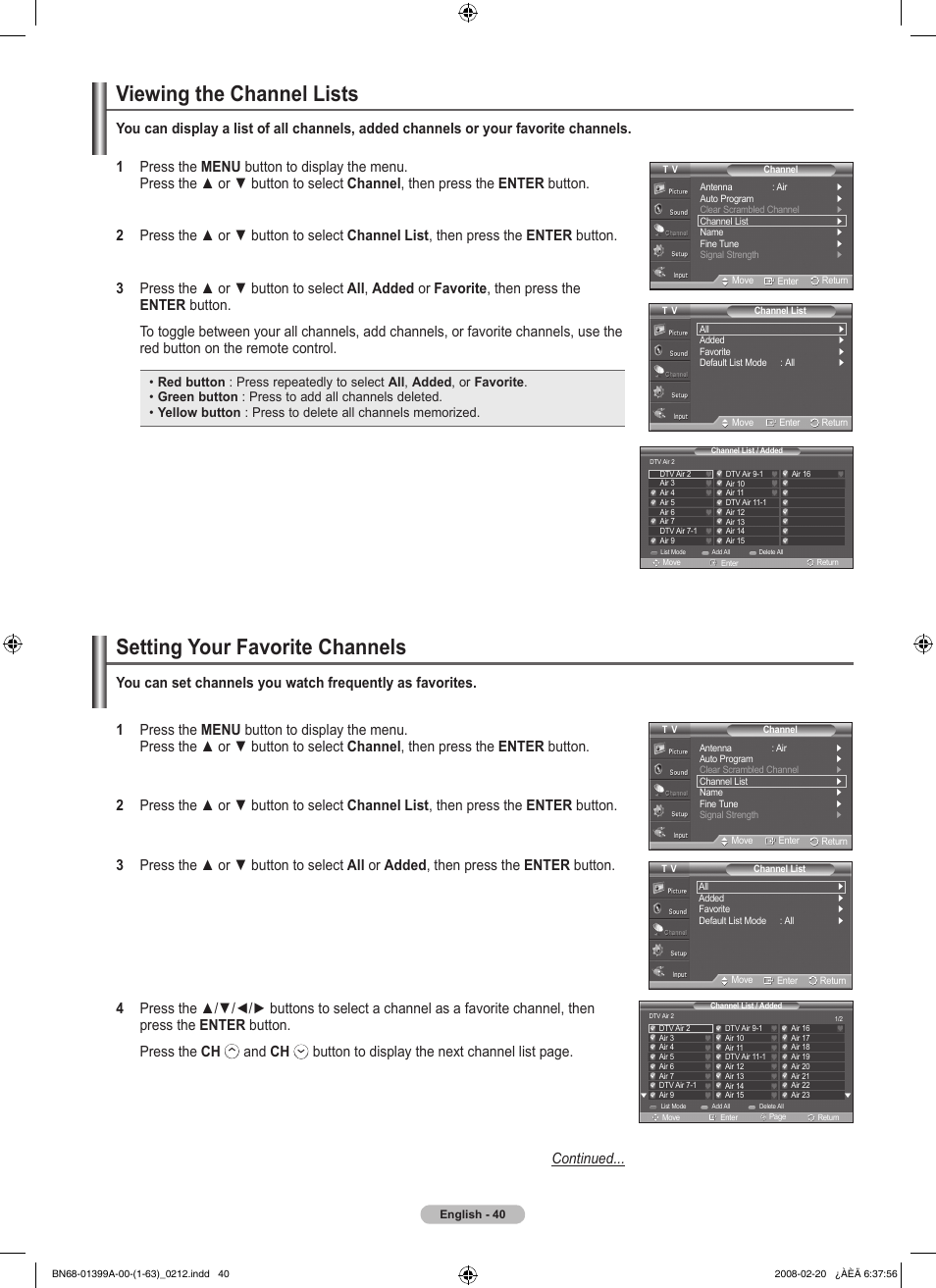 Viewing the channel lists, Setting your favorite channels | Samsung PN42A450P1DXZA User Manual | Page 40 / 75
