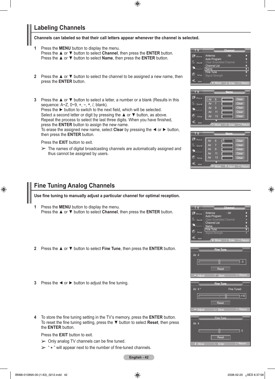 Labeling channels, Fine tuning analog channels, Only analog tv channels can be fine tuned | Samsung PN42A450P1DXZA User Manual | Page 42 / 75