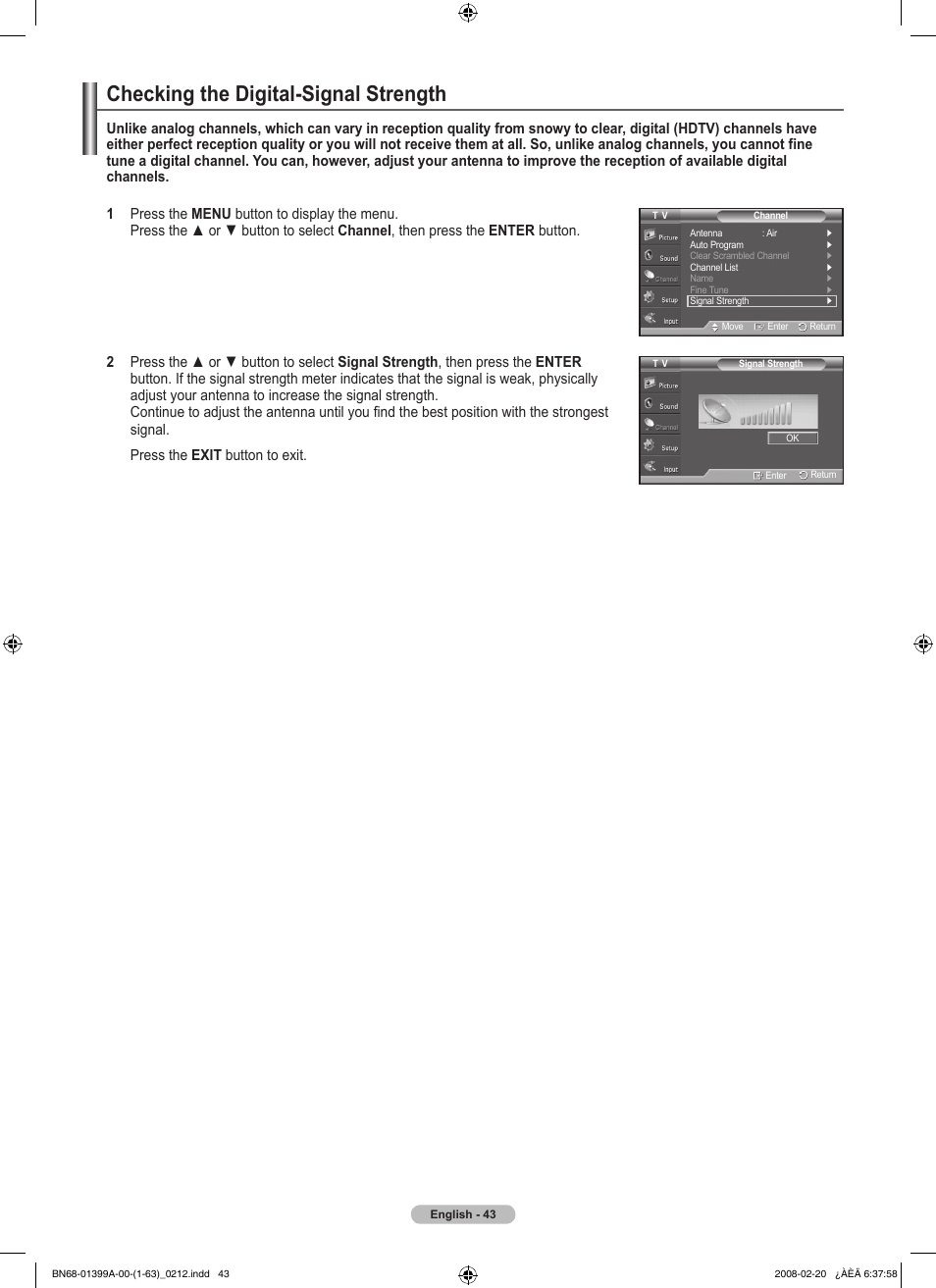 Checking the digital-signal strength | Samsung PN42A450P1DXZA User Manual | Page 43 / 75