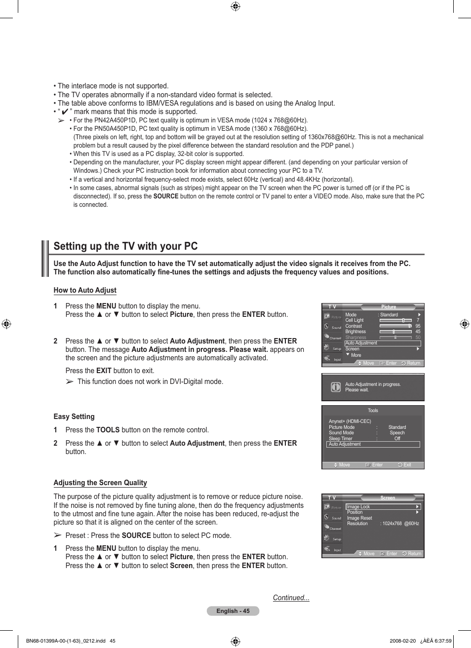 Setting up the tv with your pc | Samsung PN42A450P1DXZA User Manual | Page 45 / 75