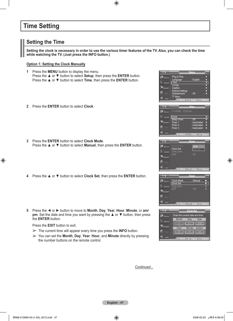 Time setting, Setting the time | Samsung PN42A450P1DXZA User Manual | Page 47 / 75
