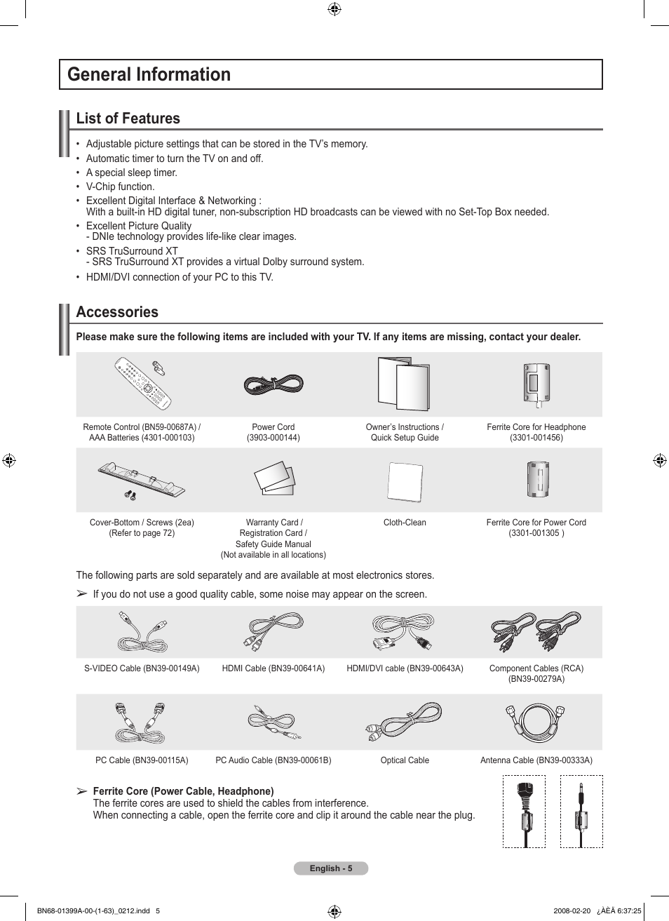 General information, List of features, Accessories | Samsung PN42A450P1DXZA User Manual | Page 5 / 75