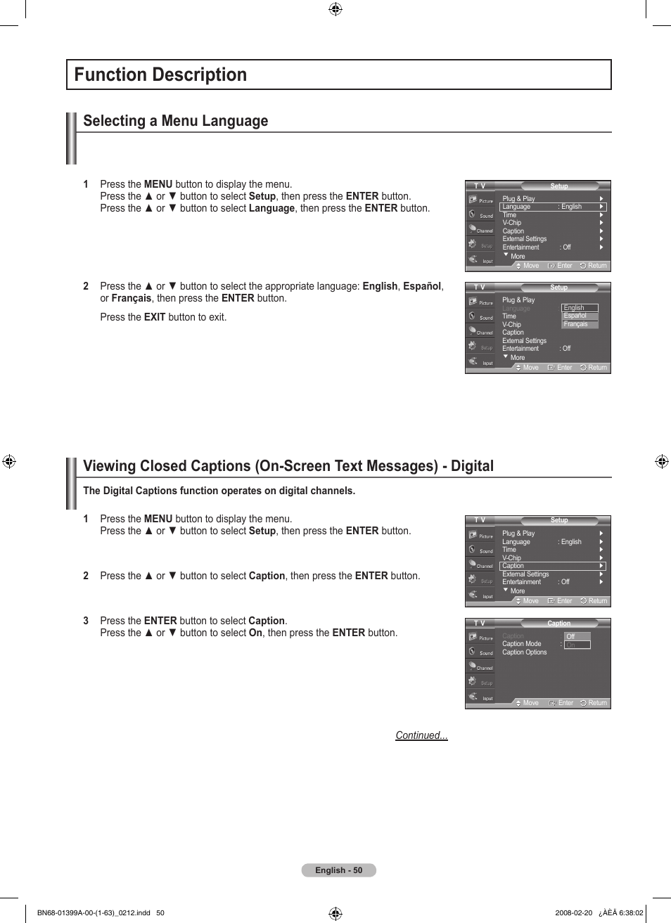 Function description, Selecting a menu language | Samsung PN42A450P1DXZA User Manual | Page 50 / 75