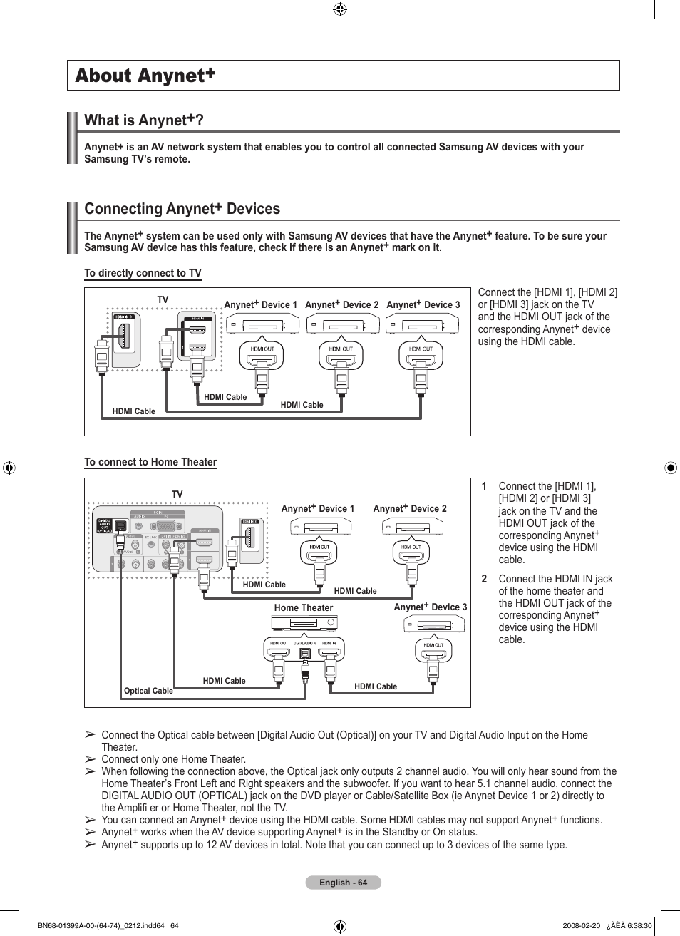 About anynet, What is anynet, Connecting anynet+ devices | Samsung PN42A450P1DXZA User Manual | Page 64 / 75