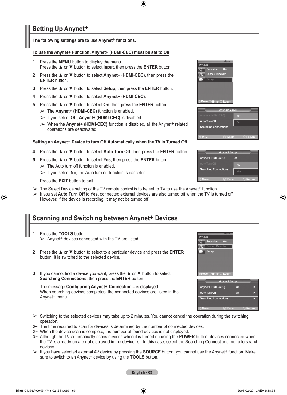 Setting up anynet, Scanning and switching between anynet+ devices | Samsung PN42A450P1DXZA User Manual | Page 65 / 75