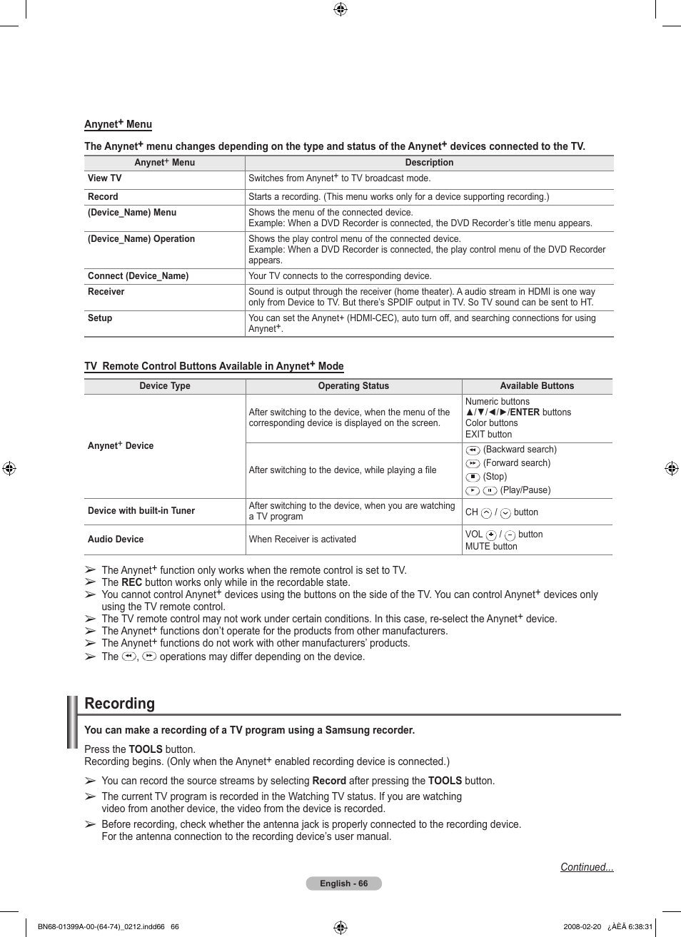 Recording | Samsung PN42A450P1DXZA User Manual | Page 66 / 75