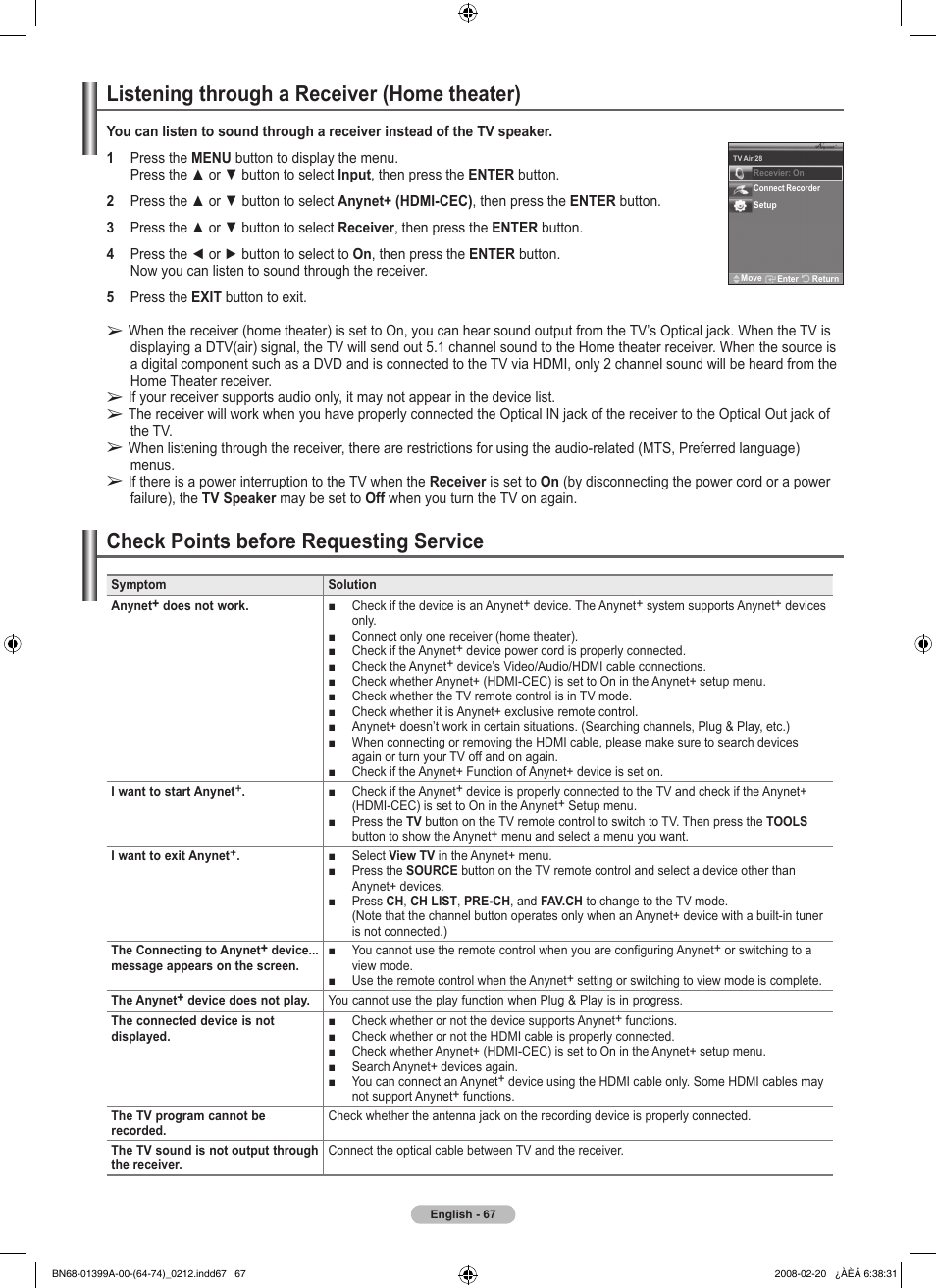 Listening through a receiver (home theater), Check points before requesting service | Samsung PN42A450P1DXZA User Manual | Page 67 / 75