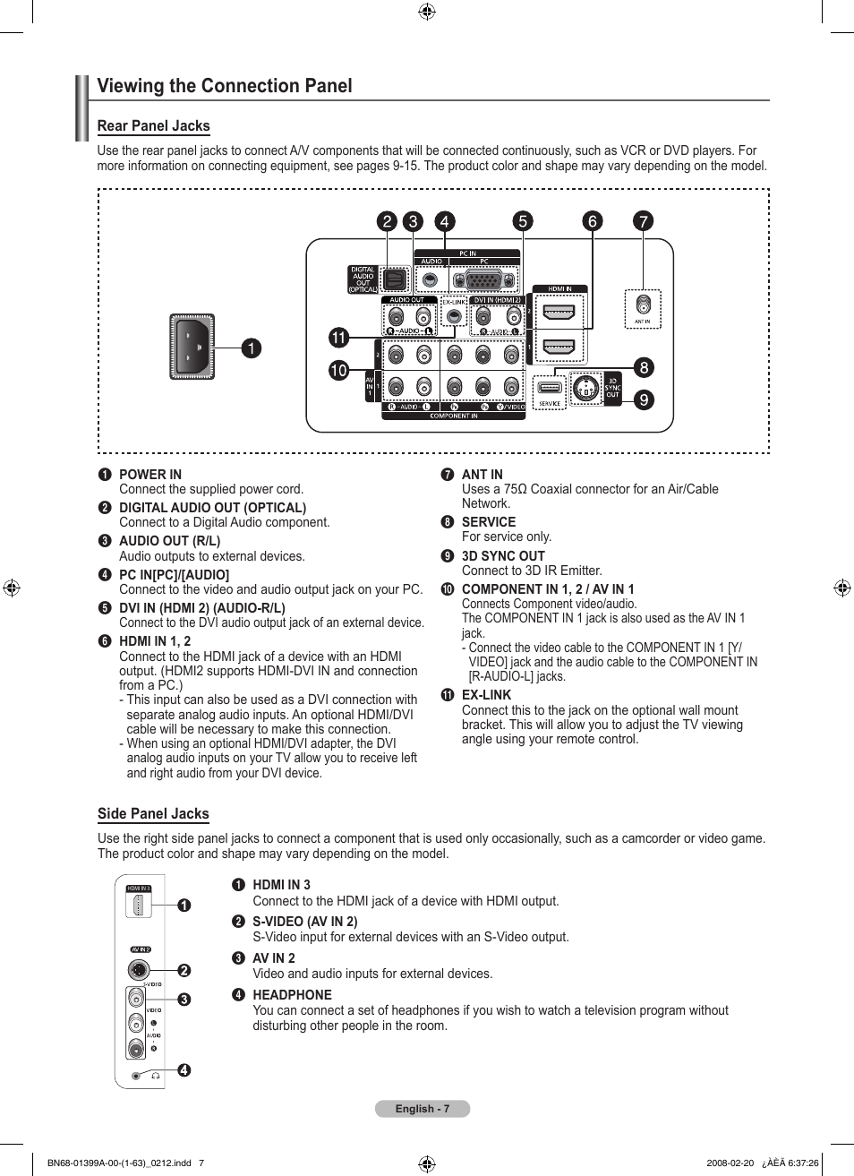 Viewing the connection panel | Samsung PN42A450P1DXZA User Manual | Page 7 / 75