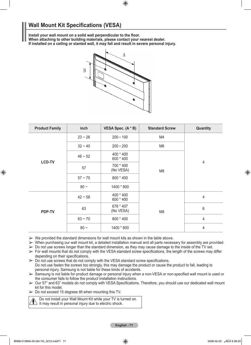 Wall mount kit specifications (vesa) | Samsung PN42A450P1DXZA User Manual | Page 71 / 75
