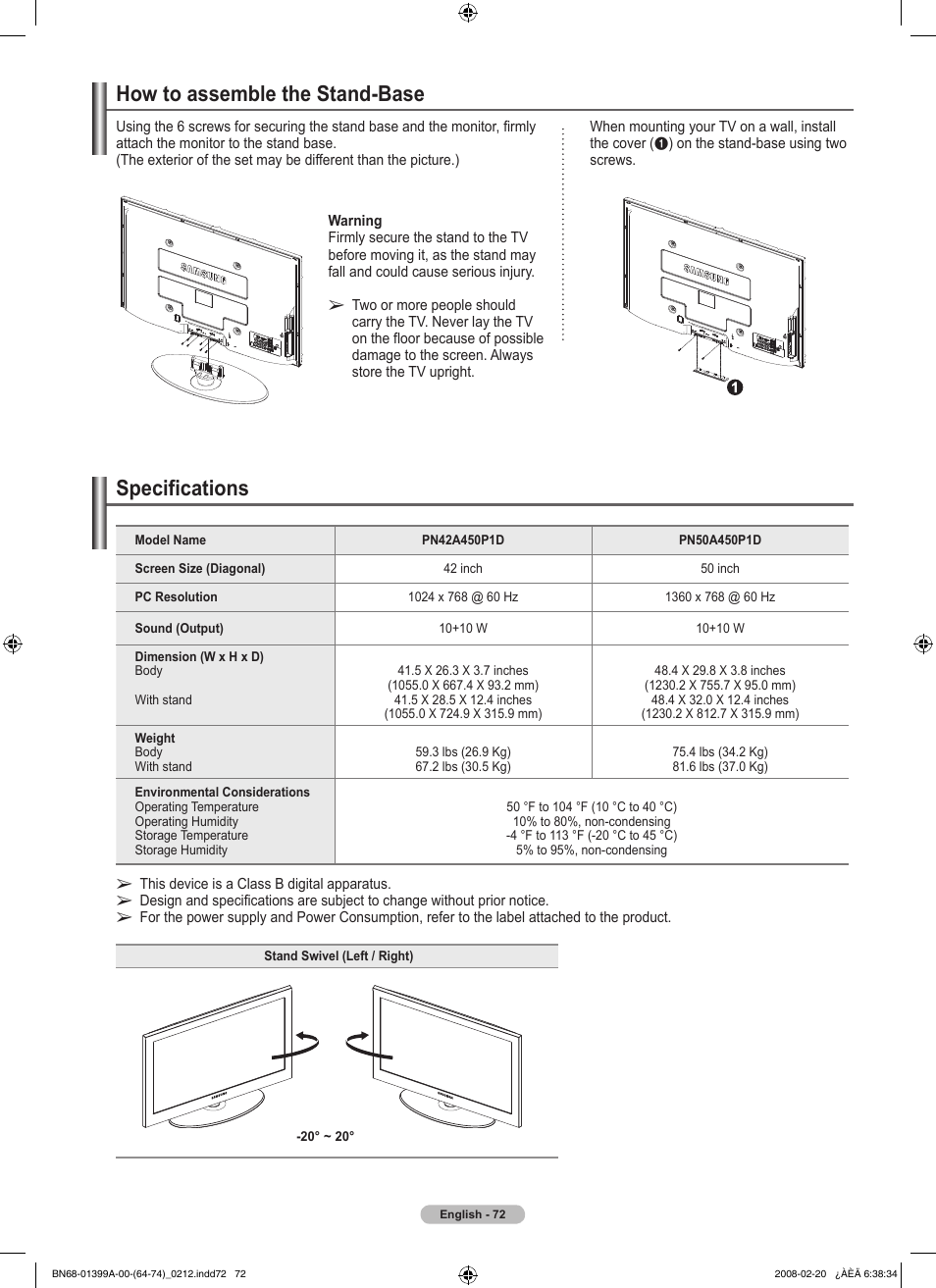 How to assemble the stand-base, Specifications | Samsung PN42A450P1DXZA User Manual | Page 72 / 75