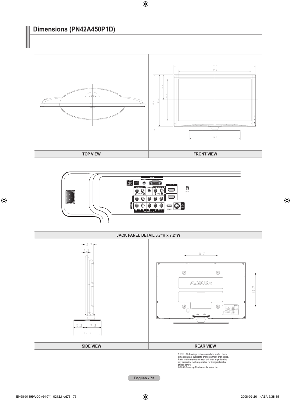 Dimensions (pn42a450p1d) | Samsung PN42A450P1DXZA User Manual | Page 73 / 75