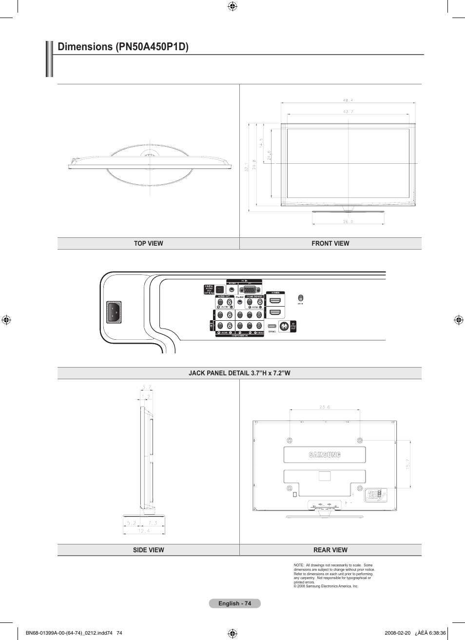 Dimensions (pn50a450p1d), This page is intentionally left blank | Samsung PN42A450P1DXZA User Manual | Page 74 / 75
