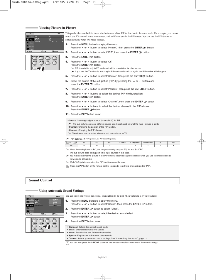Viewing picture-in-picture, Sound control, Using automatic sound settings | Samsung LNR3255WX-XAA User Manual | Page 13 / 62