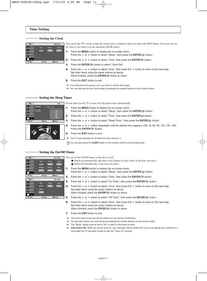 Time setting, Setting the clock, Setting the sleep timer | Setting the on/off timer, Setting the sleep timer setting the on/off timer | Samsung LNR3255WX-XAA User Manual | Page 15 / 62