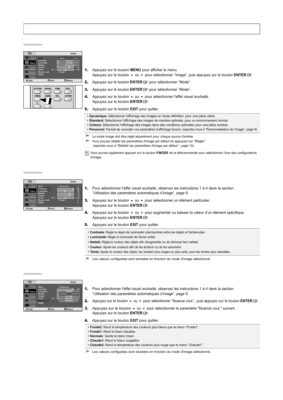 Controle de l'image, Utilisation des paramètres automatiques d’image, Réglage des tons des couleurs | Personnalisation de l’image | Samsung LNR3255WX-XAA User Manual | Page 31 / 62