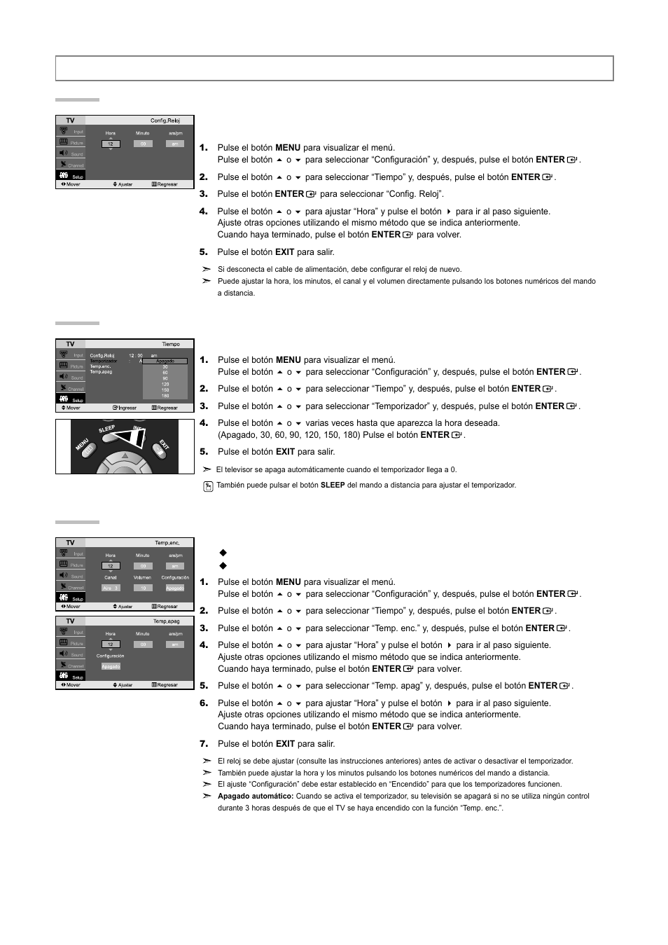Configuración de la hora, Configuración del reloj | Samsung LNR3255WX-XAA User Manual | Page 55 / 62