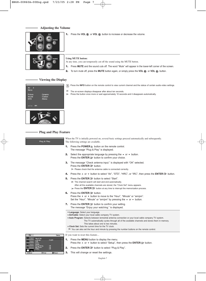 Adjusting the volume, Viewing the display, Plug and play feature | Samsung LNR3255WX-XAA User Manual | Page 9 / 62