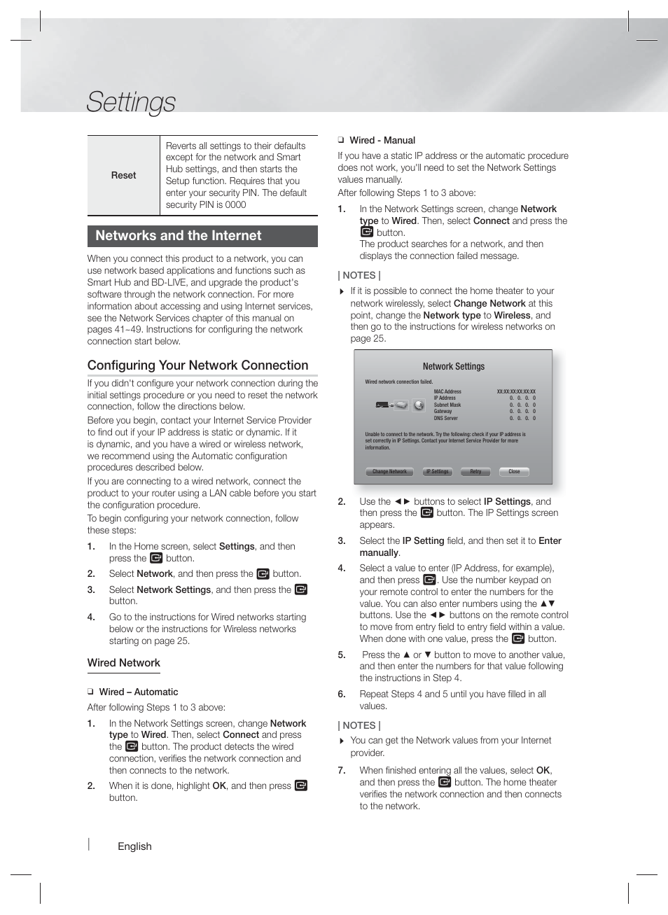 Settings, Networks and the internet, Configuring your network connection | Samsung HT-F6500W-ZA User Manual | Page 24 / 58