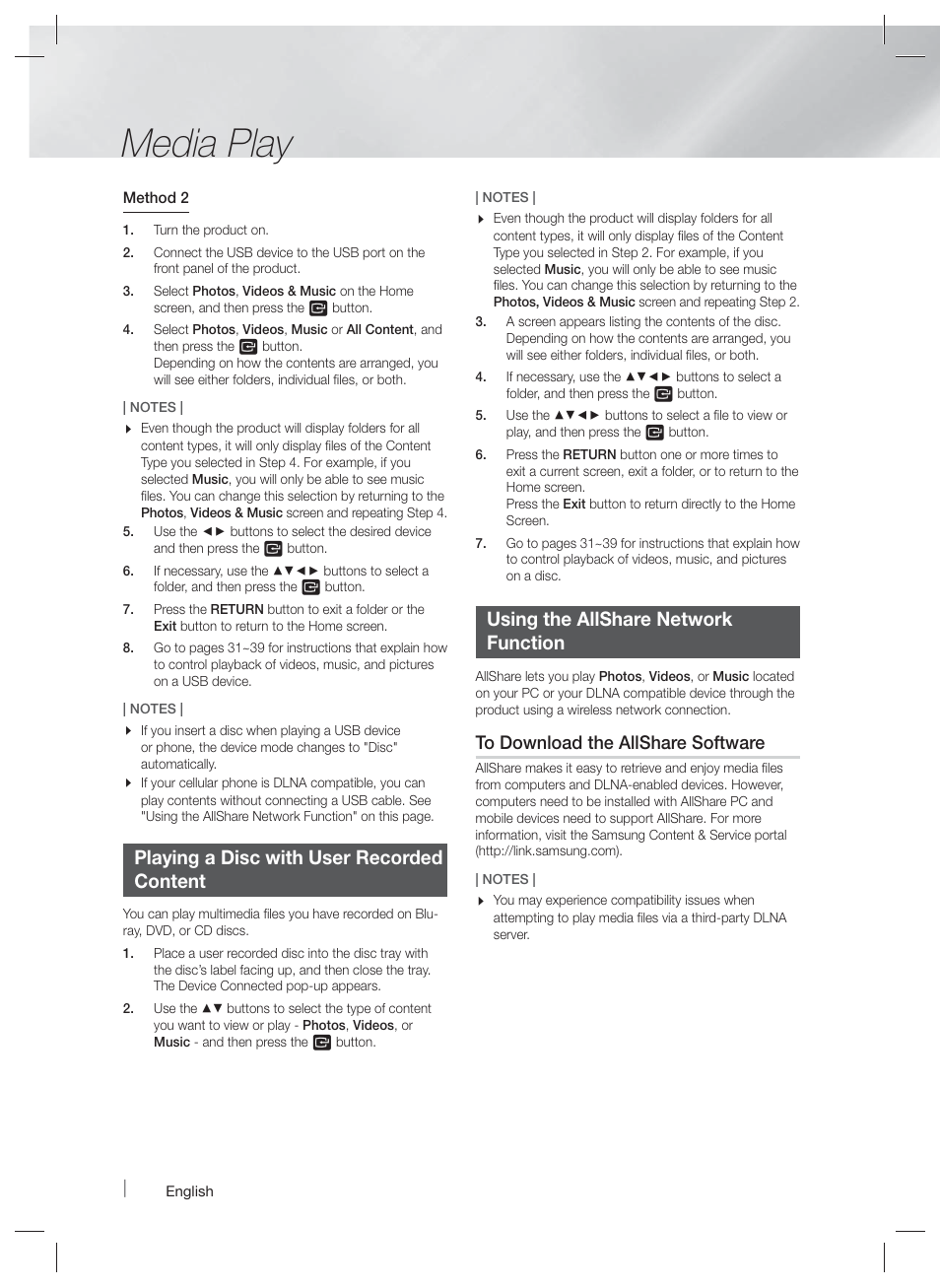 Media play, Playing a disc with user recorded content, Using the allshare network function | Samsung HT-F6500W-ZA User Manual | Page 30 / 58