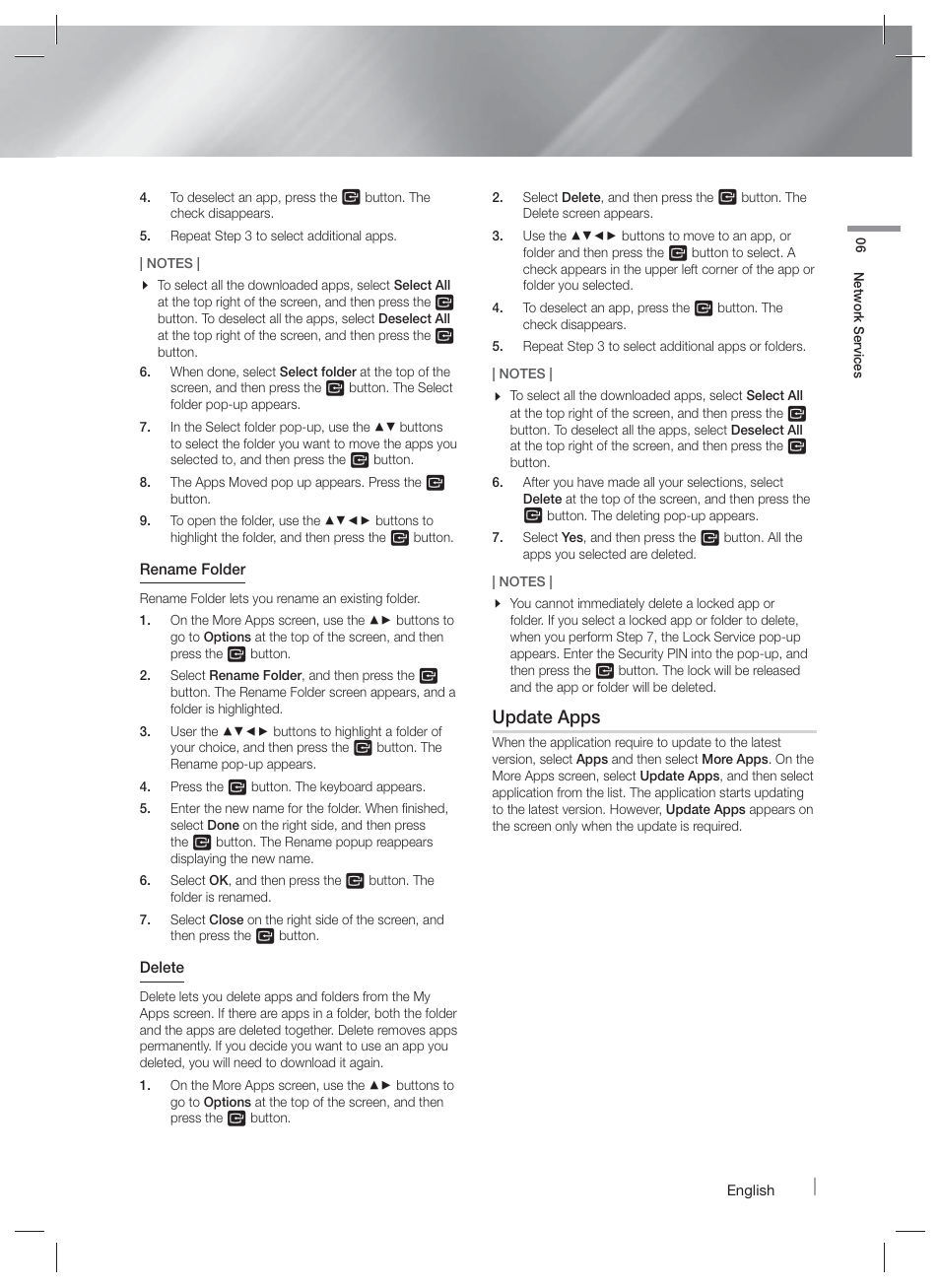 Screen mirroring, Using the web browser, Update apps | Samsung HT-F6500W-ZA User Manual | Page 45 / 58