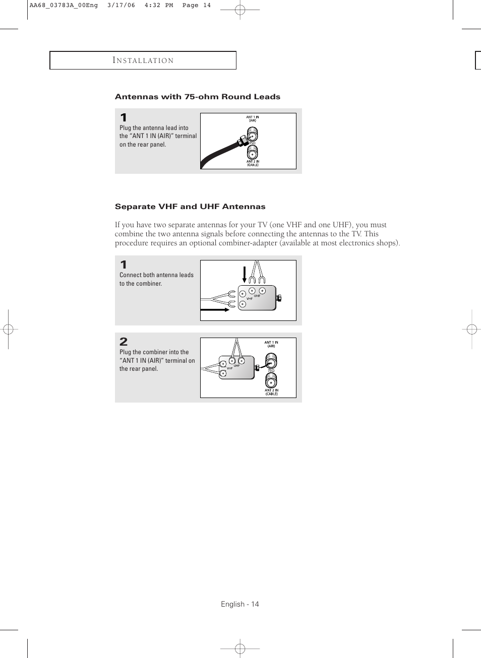 Antennas with 75-ohm round leads, Separate vhf and uhf antennas | Samsung TXS2783X-XAA User Manual | Page 14 / 72
