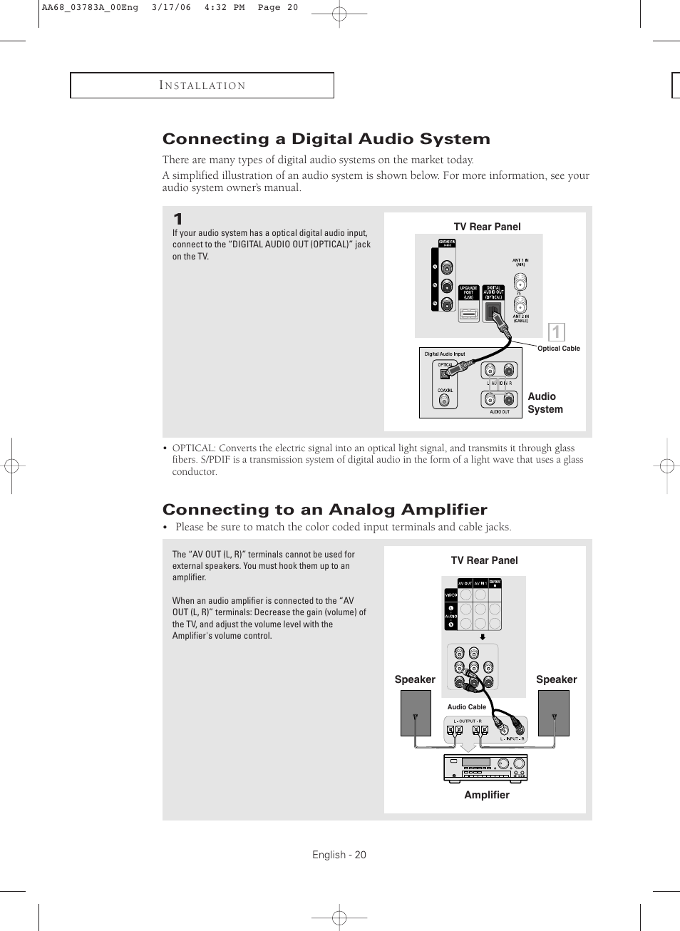 Connecting a digital audio system, Connecting to an analog amplifier | Samsung TXS2783X-XAA User Manual | Page 20 / 72