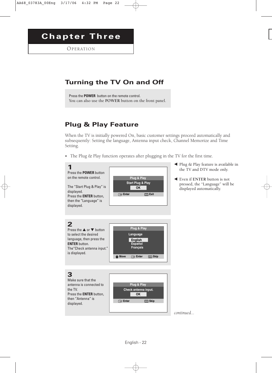 Chapter 3:operation, Turning the tv on and off, Plug & play feature | Samsung TXS2783X-XAA User Manual | Page 22 / 72