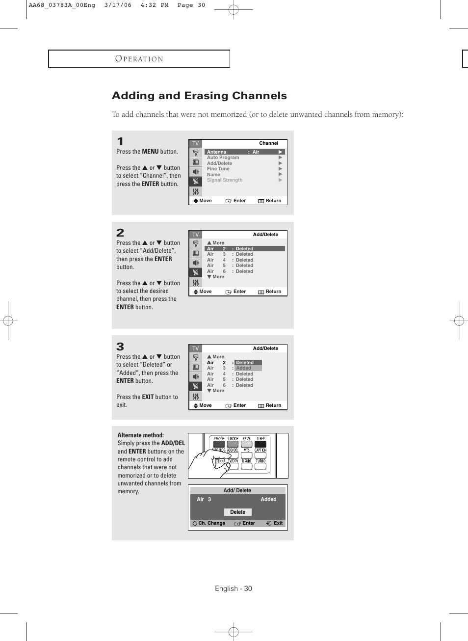 Adding and erasing channels | Samsung TXS2783X-XAA User Manual | Page 30 / 72