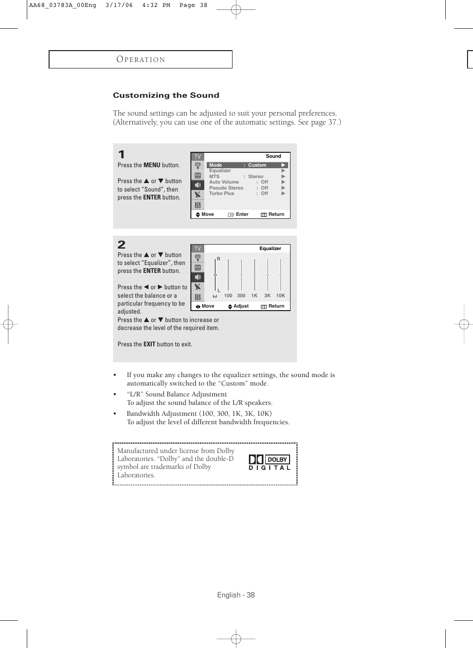 Customizing the sound | Samsung TXS2783X-XAA User Manual | Page 38 / 72