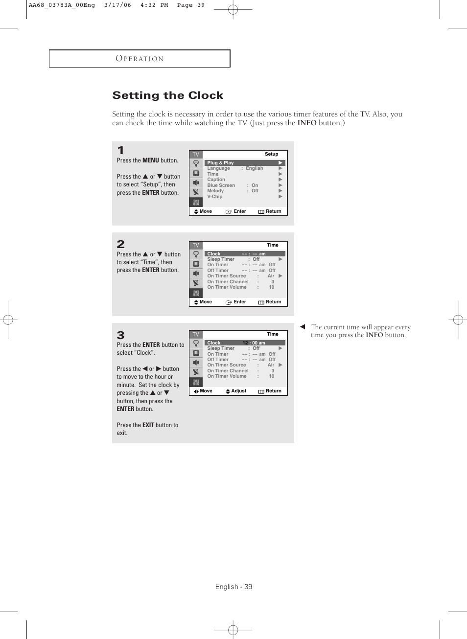 Setting the clock | Samsung TXS2783X-XAA User Manual | Page 39 / 72
