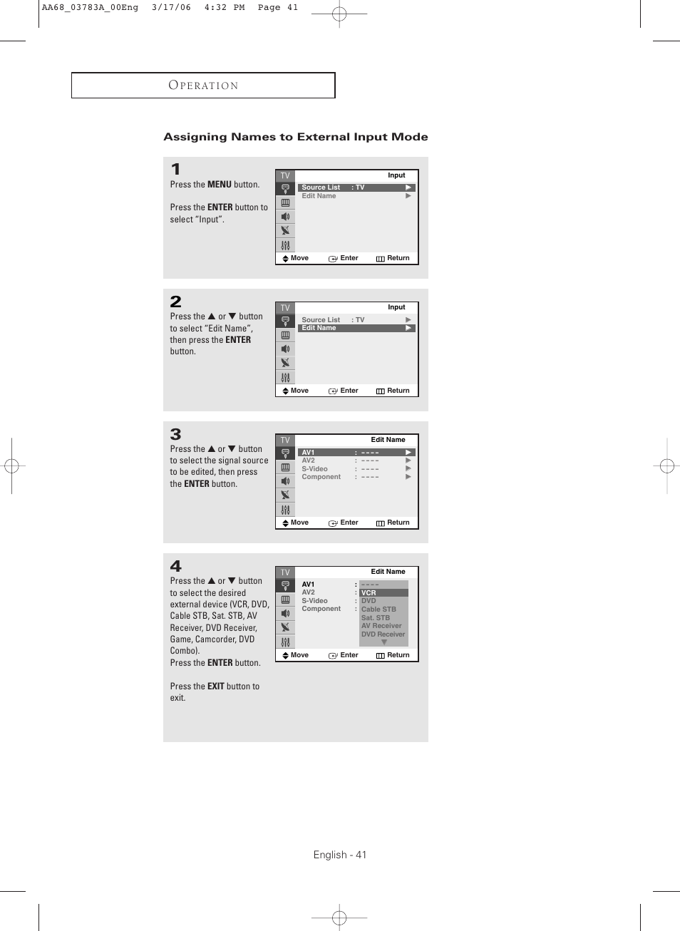 Assigning names to external input mode | Samsung TXS2783X-XAA User Manual | Page 41 / 72