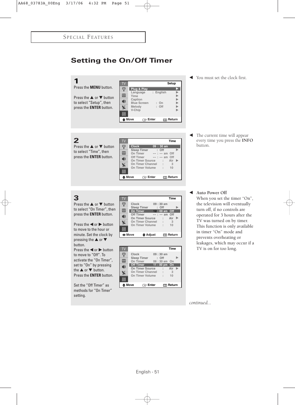 Setting the on/off timer, Continued | Samsung TXS2783X-XAA User Manual | Page 51 / 72