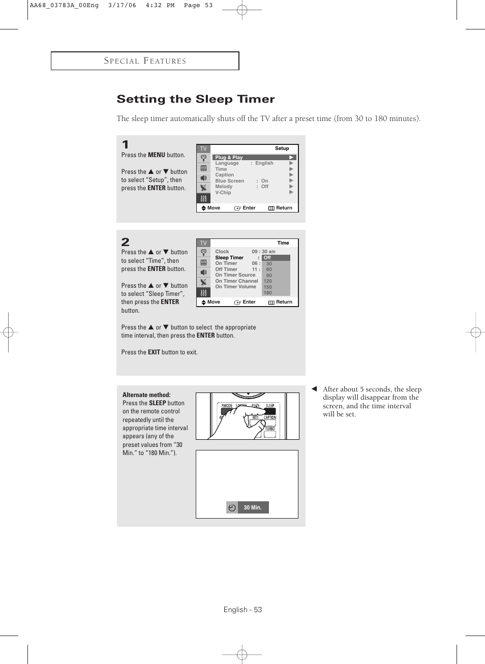 Setting the sleep timer | Samsung TXS2783X-XAA User Manual | Page 53 / 72