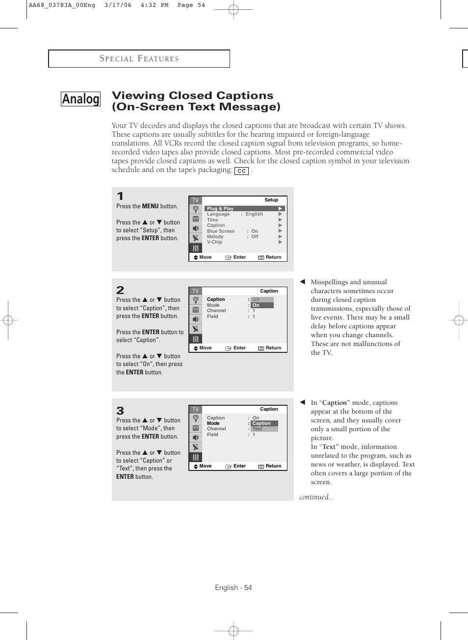 Analog, Viewing closed captions (on-screen text message), Continued | Samsung TXS2783X-XAA User Manual | Page 54 / 72