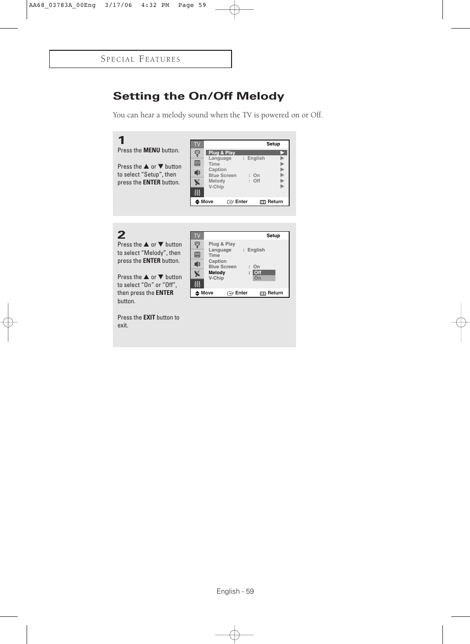 Setting the on/off melody | Samsung TXS2783X-XAA User Manual | Page 59 / 72