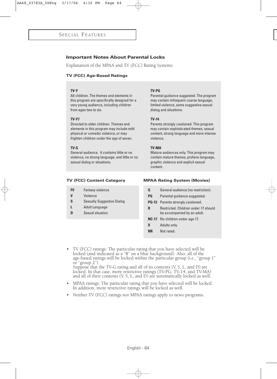 Important notes about parental locks | Samsung TXS2783X-XAA User Manual | Page 64 / 72
