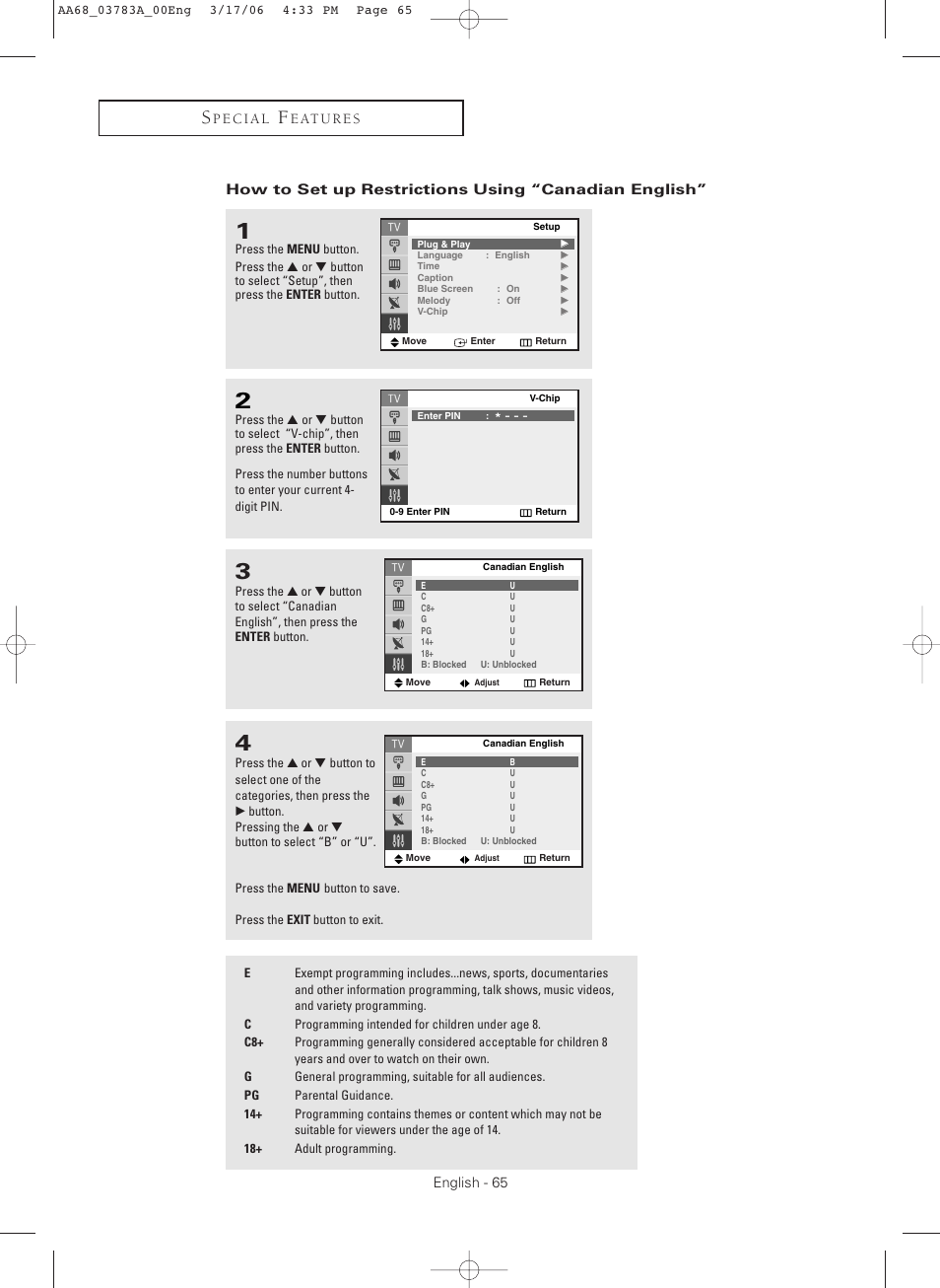 How to set up restrictions using“canadian english | Samsung TXS2783X-XAA User Manual | Page 65 / 72
