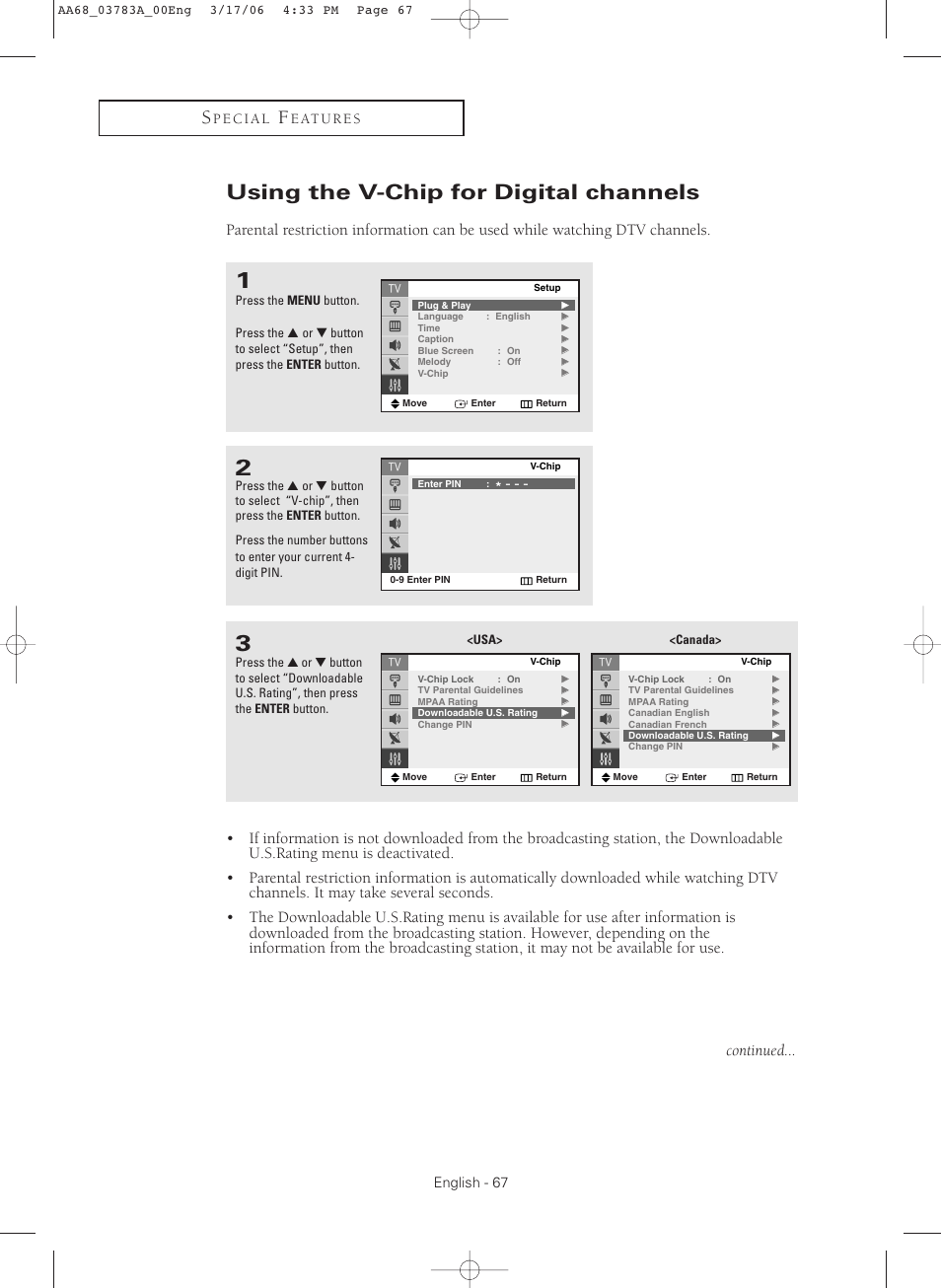 Using the v-chip for digital channel, Using the v-chip for digital channels | Samsung TXS2783X-XAA User Manual | Page 67 / 72