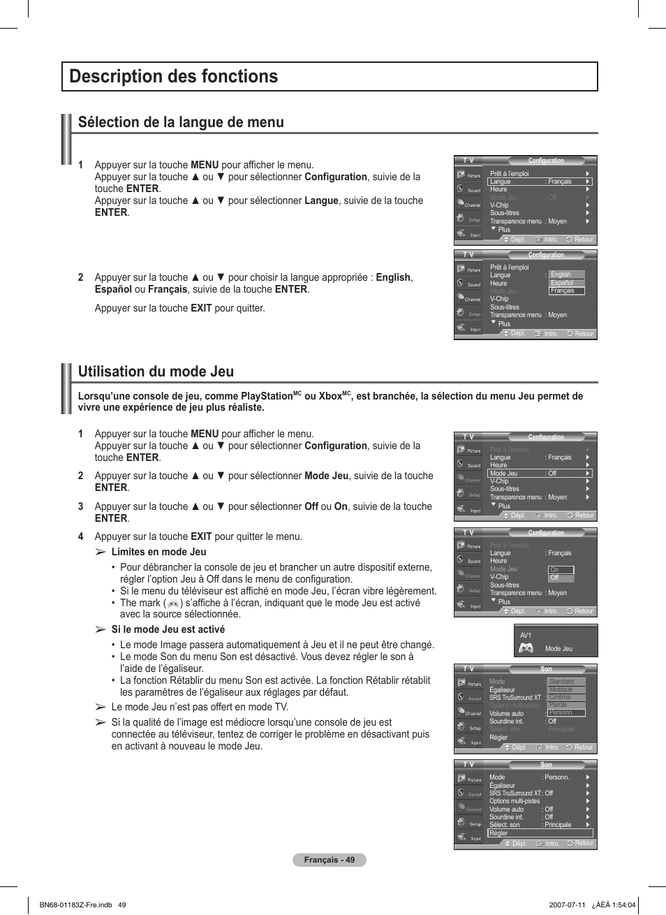 Description des fonctions, Sélection de la langue de menu, Utilisation du mode jeu | Lorsqu’une console de jeu, comme playstation, Ou xbox, Le mode jeu n’est pas offert en mode tv | Samsung FPT5884X-XAA User Manual | Page 133 / 250