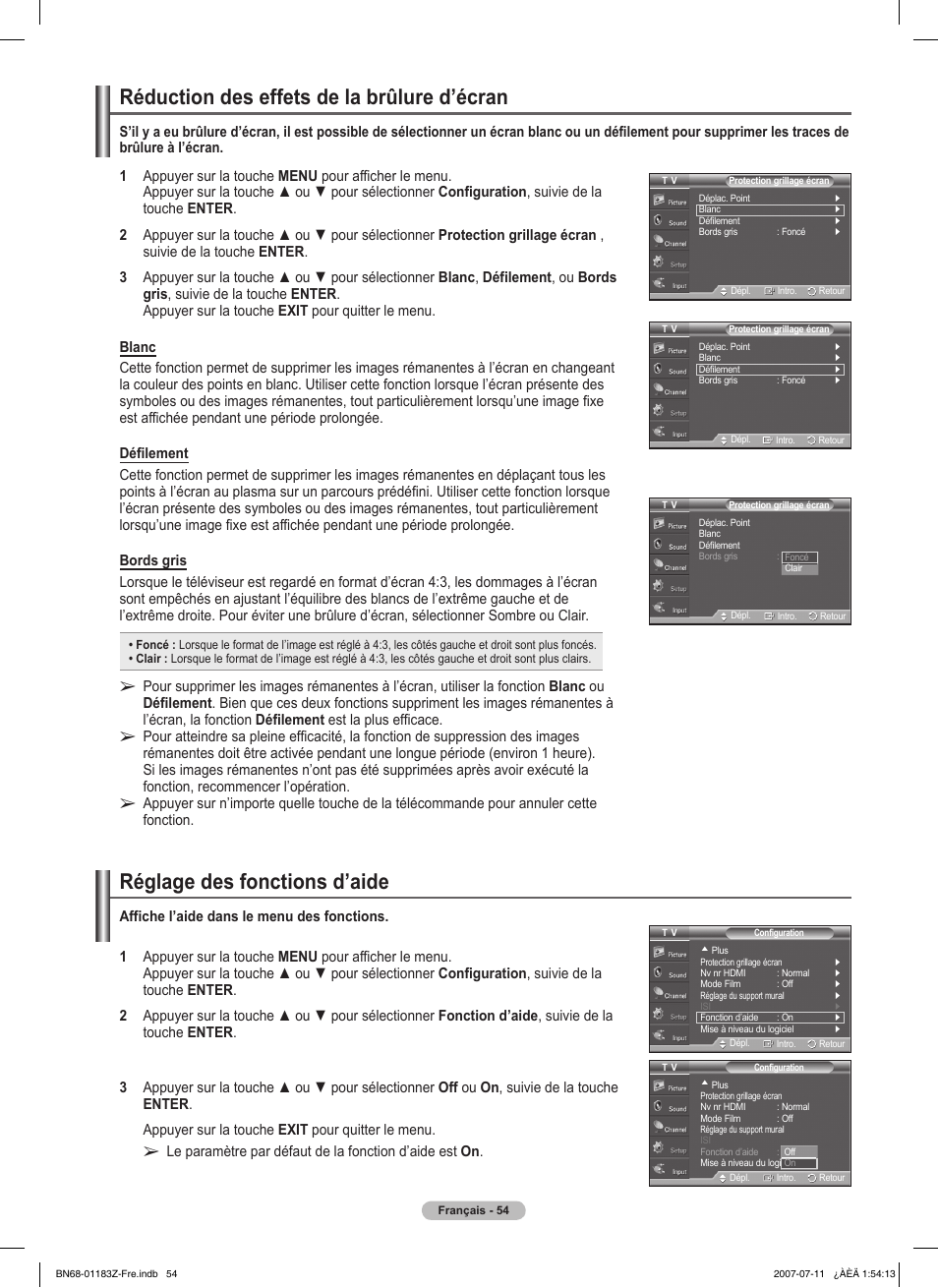 Réduction des effets de la brûlure d’écran, Réglage des fonctions d’aide | Samsung FPT5884X-XAA User Manual | Page 138 / 250