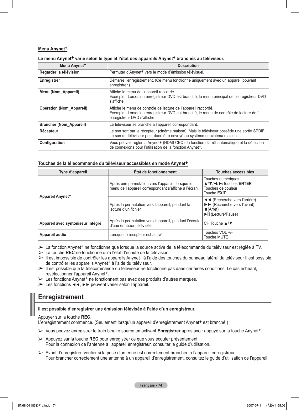 Enregistrement | Samsung FPT5884X-XAA User Manual | Page 158 / 250