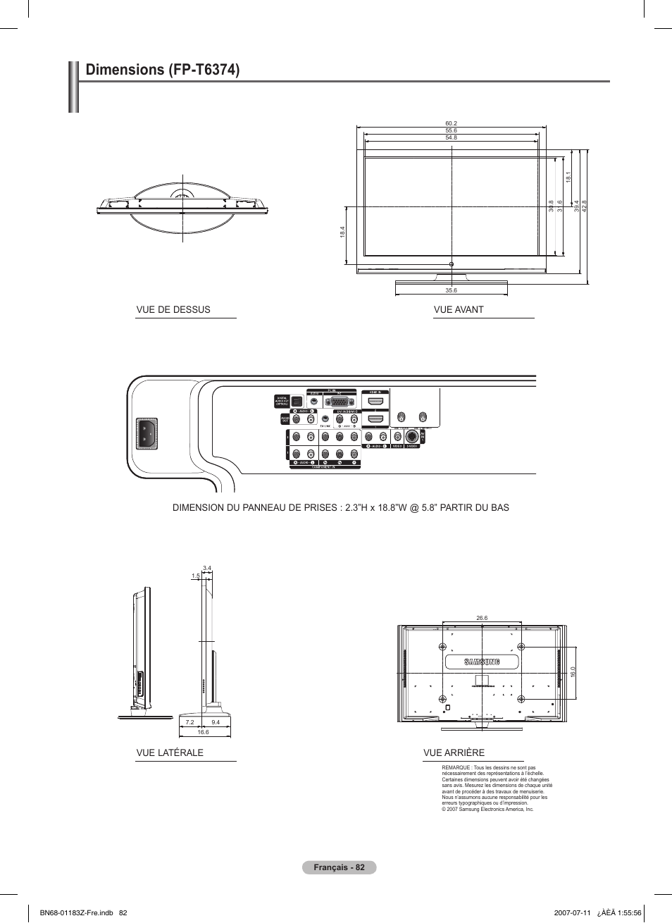 Dimensions (fp-t6374), Vue de dessus vue avant vue latérale vue arrière | Samsung FPT5884X-XAA User Manual | Page 166 / 250