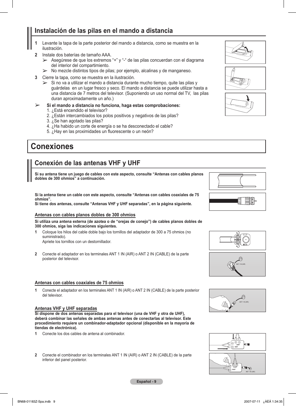 Conexiones, Conexión de las antenas vhf y uhf, Instalación de las pilas en el mando a distancia | Samsung FPT5884X-XAA User Manual | Page 175 / 250