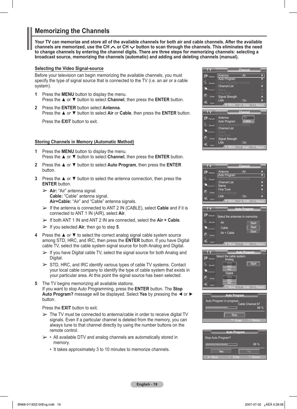 Memorizing the channels | Samsung FPT5884X-XAA User Manual | Page 19 / 250